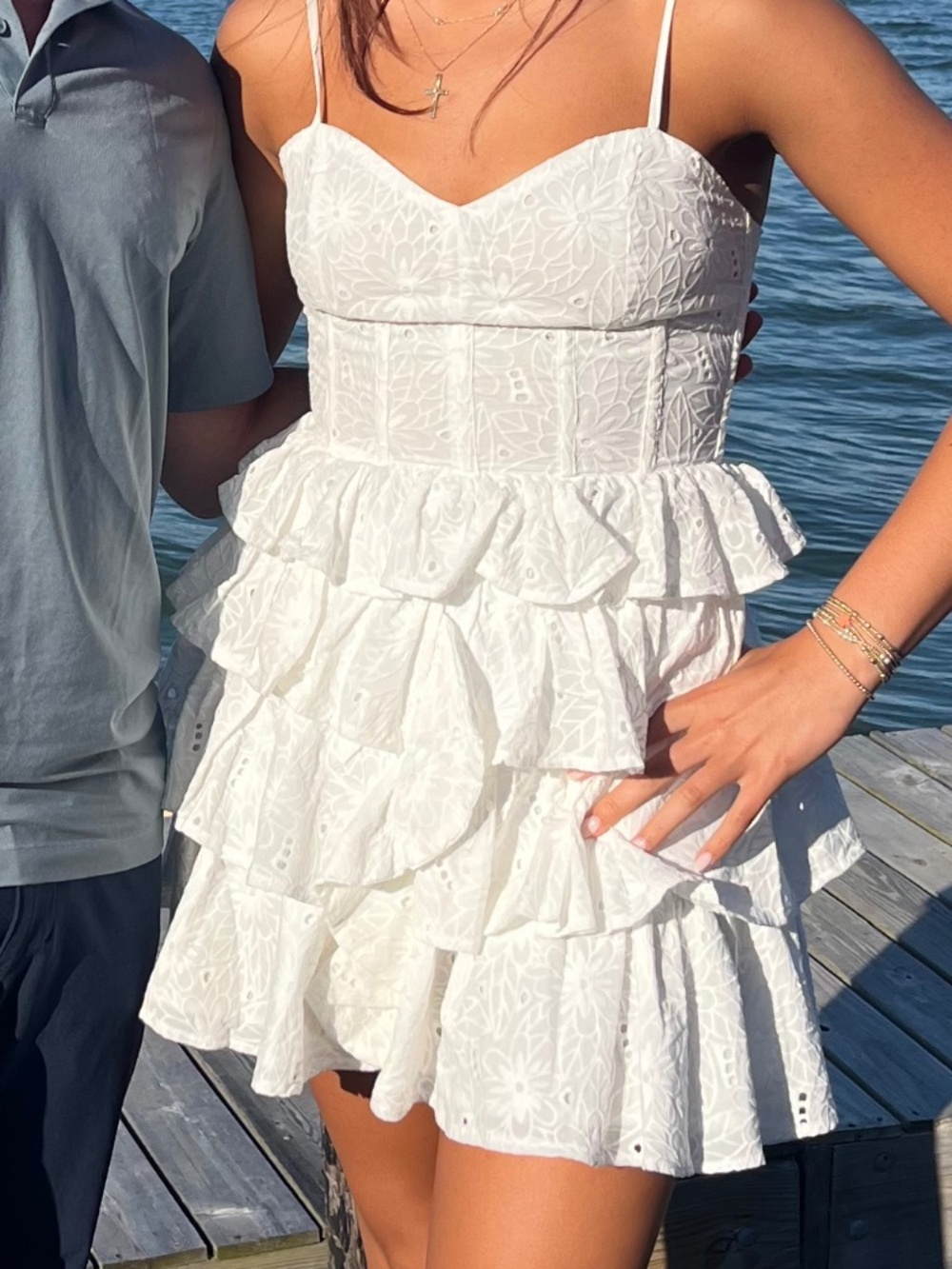 White Tiered Lace Spaghetti Strap Dress